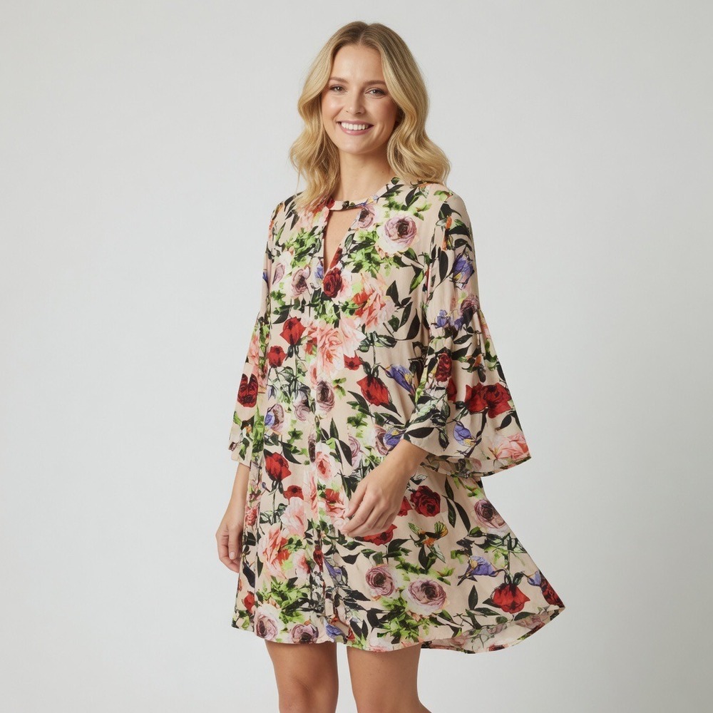 Umgee Mini Floral Shift Dress Tunic Bell Sleeve Keyhole Rose Print Boho Romantic
